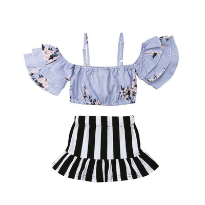 

Toddler Kids Baby Girl Off Shoulder Floral Tops Stripe Dress Outfits Sunsuit