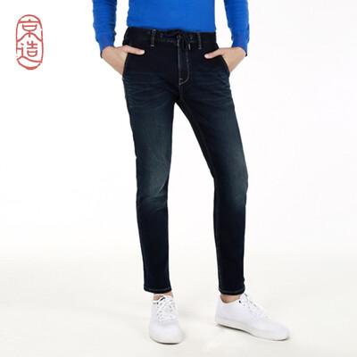 

Beijing made mens imitation knit slim straight casual feet jeans 2018 autumn new autumn still new dark blue 34 17586A