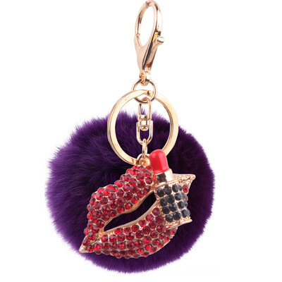 

8cm Rex Rabbit Fur Ball Red Lip Key Keychain New Plating Alloy Diamond Ball Bag Car Ornament