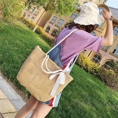 

Tailored Fashion Girls Braided Bow Solid Color Large Capacity Wild Handbag Shoulder Bag