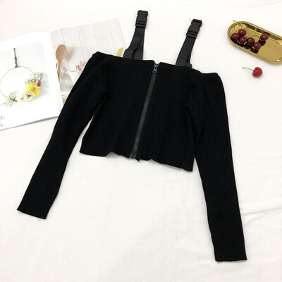 

Fashion Solid Color Zipper Women Sweater 2019 Sexy Slash Neck Sling Crop Tops Female Long Sleeve Knitted Sweaters Knitwear