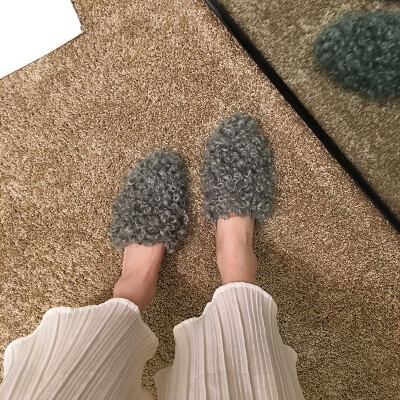 

Slippers women wear autumn Korean Joker Baotou Mao Mao shoes flat half slippers fashion Mueller shoes