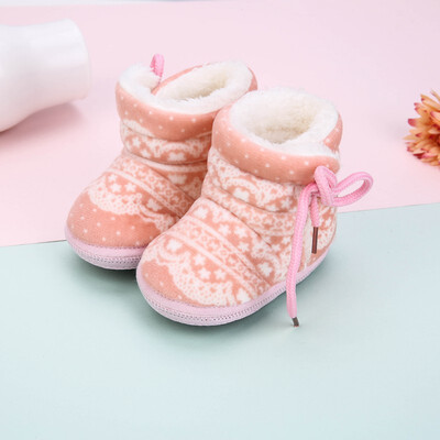 

Baby Winter Boots Newborn Baby Girl Boots Soft Warm Cartoon Print Tube Baby Side Straps Cotton Shoes