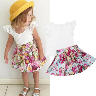 

US Toddler Kids Baby Girl Summer Clothes Floral Tops Dress 2PCS Outfit 0-3 Years