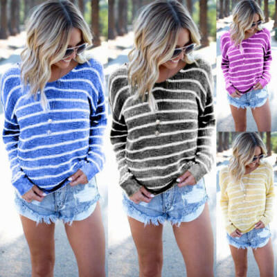 

Women Autumn Stripe Backless O Neck Long Sleeve Blouse Casual Baggy Tops T-Shirt