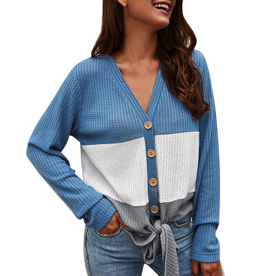 

V-neck Contrast Color Stitching V-neck Long-sleeved Button Slim Sweater