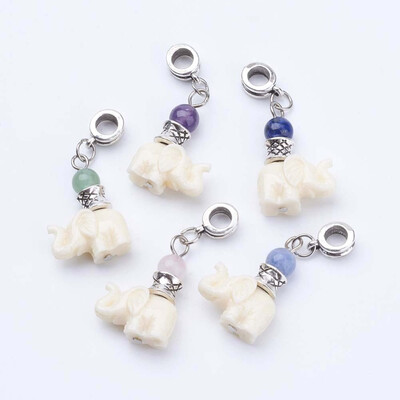 

Tibetan Style Alloy European Dangle Beads with Natural Gemstone Beads&Resin Beads Elephant 36mm Hole 5mm