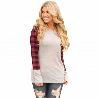 

Round neck long sleeve plaid color pattern base casual shirt womens