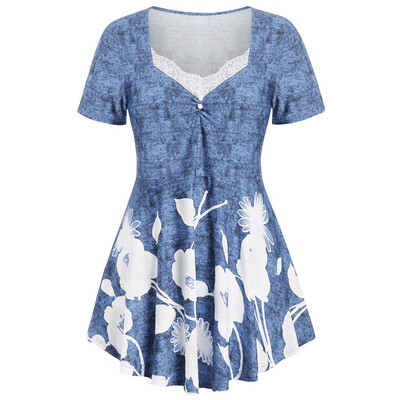 

Roseonmyhand Plus Size Fashion Women Floral Printed O-Neck Ruched Lace Short Sleeve Tops