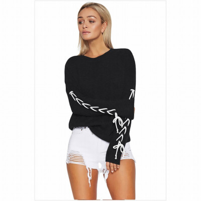 

Round neck long sleeve cross lace up decorative bottom pullover sweater knit sweater