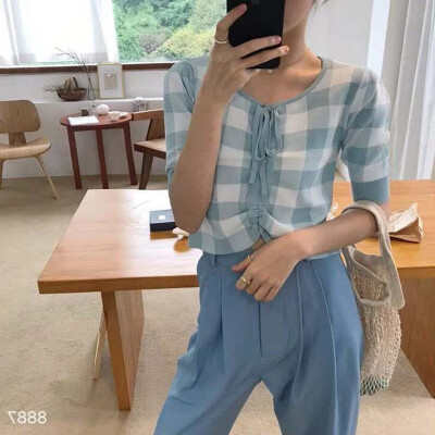 

Ladies Summer Vintage Pleated Drawstring Collar Exposure Belly Contrast Plaid Short Sleeve Sweater Top