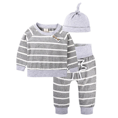 

2018 Kacakid Gray New Fashion Newborn Baby Autumn And Winter Clothing Suit Striped Shirt Waistband Hat 3 Sets Y6