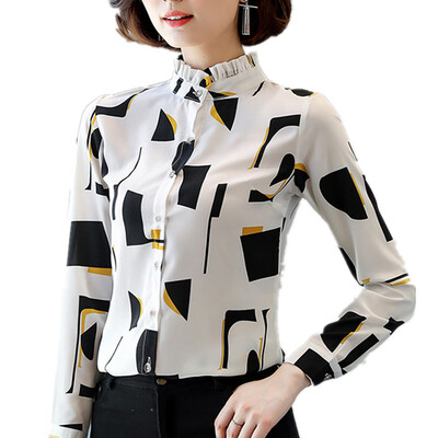 

Women\s Stand Collar Wild Slim Print Long Sleeve Plus Size OL Chiffon Shirt