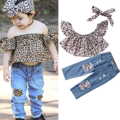 

Cute Baby Girls Kid Leopard Off Shoulder T-shirt TopsJeans Pants Outfit Clothes