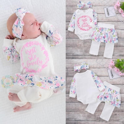 

3 pieces Baby Girl Cotton Flower Print Long sleeve Jumpsuit Romper Top Dress Pants Headwear Autumn Set