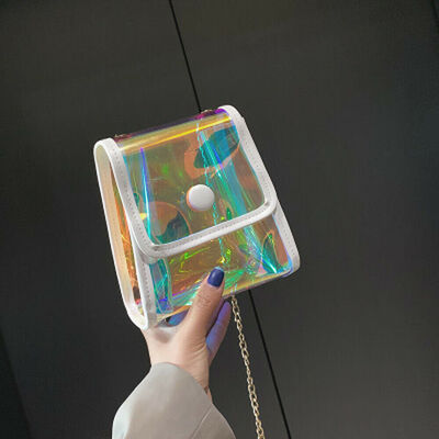 

2019 New Style Solid PVC Clear Handbags Women Holographic Chains Bag Transparent Small Hologram Hasp Handbag Purse Crossbody