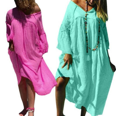 

Women Short Sleeve Cotton Linen Loose Long Maxi Dress Plus Size Party Cocktail