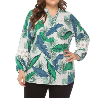 

Roseonmyhand Women Casual V-Neck Long Sleeve Plus Size Leaf Print Tops Loose T-Shirt Blouse