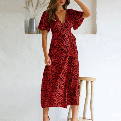 

Fashion Ladies Leopard Print Sundress Summer Short Sleeve Dress Casual V-Neck Midi Dress