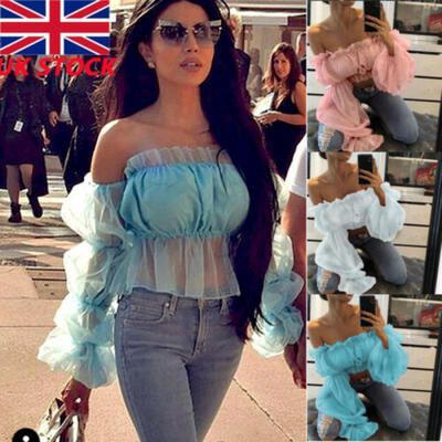 

UK Women Cropped Tops Sheer Tee Casual T-shirts Mesh Puff Sleeve Blouse Slim Fit