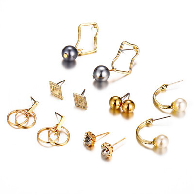 

6 pairset Women Square Crystal Heart Stud Earrings For Women Piercing Simulated Pearl Flower Earrings Set Gift Jewelry