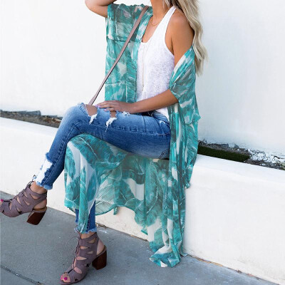 

New Women Chiffon Kimono Cardigan Leaves Print Half Sleeve Tie-Waist Loose Outerwear Bikini Cover Up Green