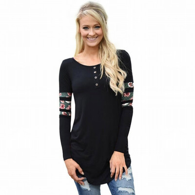 

Grey round neck long sleeve floral print stitching sleeves casual top