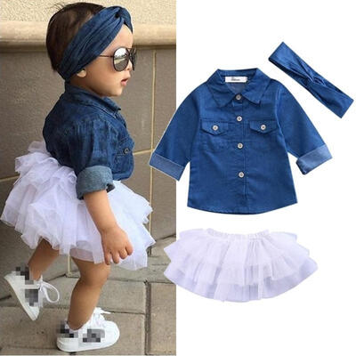 

Toddler Kids Baby Girls Clothes Denim Tops T-shirt Tutu Skirt Headband Outfits Set Suit 0-5T