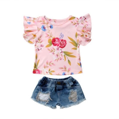 

Kids Baby Girls Floral Tops T-shirtDenim Hot Pants Outfits Clothes set