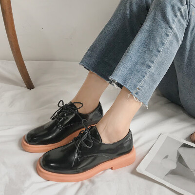 

Spring&Autumn Female Shoes Painted Leather Laces Round Head Low Help Student Shoes Laces Comfortable Black Female Shoes