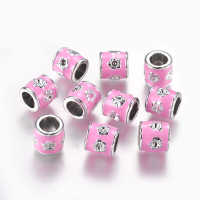 

Alloy European Beads Large Hole Beads with Enamel Column with Flower Silver PearlPink 85x85mm Hole 5mm