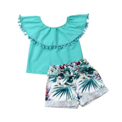 

2Pcs Baby Kids Girls Summer Outfits Floral Printed Shirt Tops Pants Shorts Set