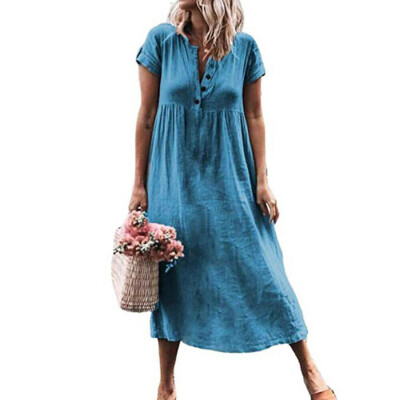 

Women Cotton Linen Long Dress Short Sleeve Casual Boho Kaftan Tunic Plus Size -3XL