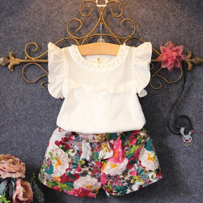 

2-7T Baby Girl Kids Short Sleeve Lace Top Trousers Romper Floral Clothes Outfit