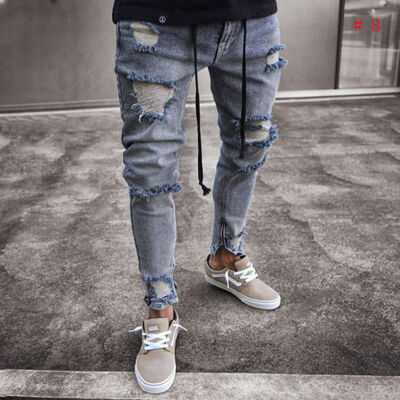 

Fashion Men Skinny Ripped Hole Trouser Punk Rock Jeans Blue Denim Trousers Pants