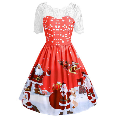 

Vintage Christmas Santa Claus Print Lace Insert Dress