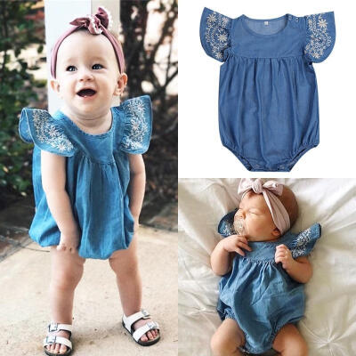 

Newest Baby Girl Denim Romper Suit with Embroidered Ruffled Sleeves 700-6 Months Blue