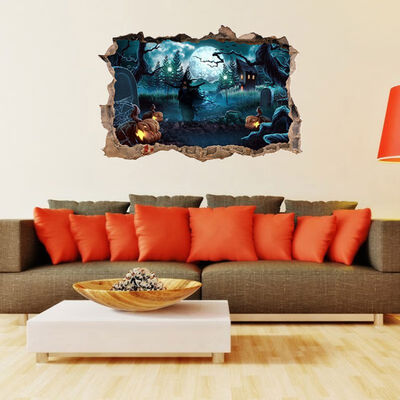

Halloween Scary Wall Decor 3D Breaking Wall Sticker Decals Decorative Witch Haunted House Murals Home Decoration