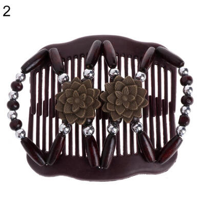 

Vintage Double Slide Clip Women Headwear Wooden Beads Magic Hair Comb Hairpin