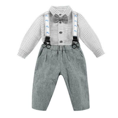 

2pcs Baby Boys Long Sleeve Bow Striped Shirt Overalls Jean Gentleman Suit
