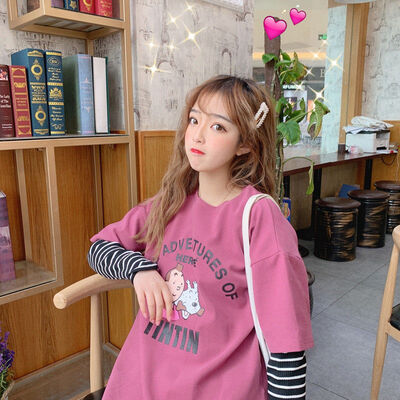 

Women Harajuku Tshirt O-Neck Fake Two-piece Striped T-Shirt Tops Long Sleeve Cartoon Print Sweatshirt White Women Clothes