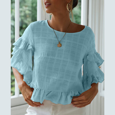 

Nomeni Womens Casual Solid Color O-neck Shirt Trumpet Sleeves Ruffled Shirt T-shirt