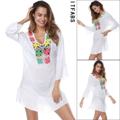 

Womens Hand-Crocheted Patchwork Blouse Gauzy Artistic Beach Tops Dress White