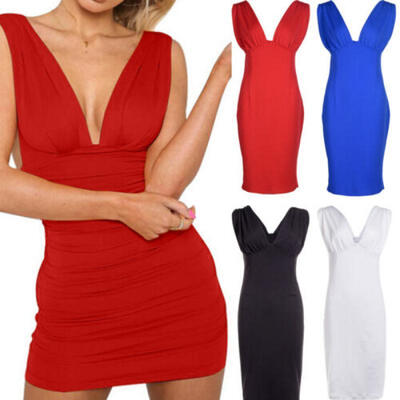 

Womens Bodycon Mini Dress Sleeveless V Neck Party Cocktail Club Slim Sundress US