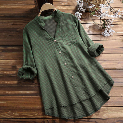 

Nomeni Womens Casual V Neck Loose Linen Plus Size Plaid Button Tanic Shirt Blouse Tops
