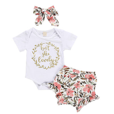 

Infant Clothes Set 3pcs Newborn Baby Girls Clothes Cotton Letters Short sleeve RomperFloral PP PantsHat Outfits