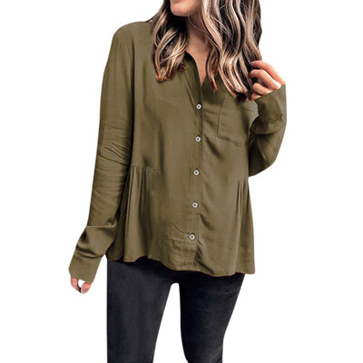 

Starmoon Women Casual Solid Button Up Button Front Ruffled Pleats Pocket Shirt Top Blouse