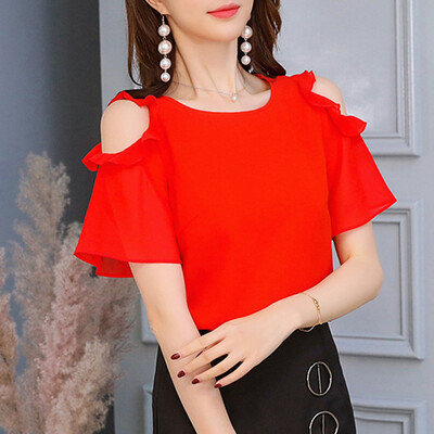 

Starmoon Women Work Office Off Shoulder Ruffles Short Sleeve Solid Chiffon Plus Shirt Top