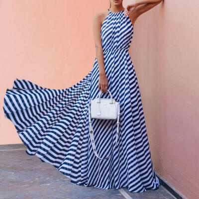 

UK Womens Lady Summer Boho Long Midi Stripe Dress Holiday Beach Strappy Sundress