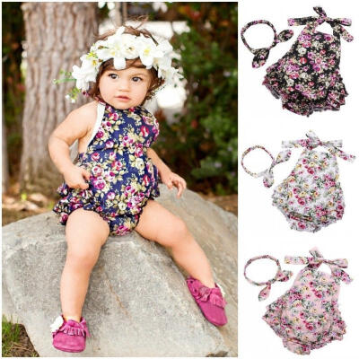 

Adorable Floral Baby Girls Halter Ruffle Romper Jumpsuit Summer Dress Headband Outfits